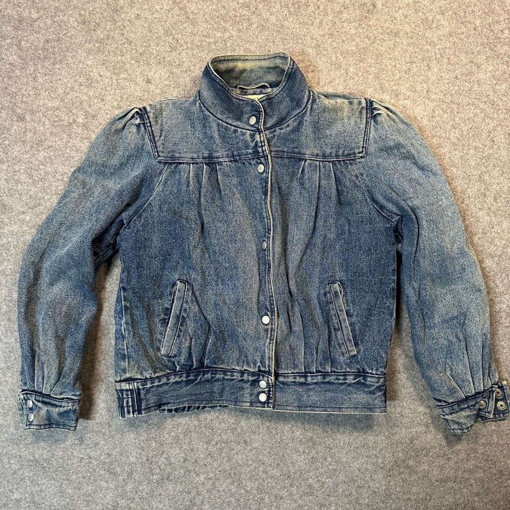 S.B.II by Bitterman Vintage Denim Bomber Jacket Med Blue Puff Sleeve Plaid Lined